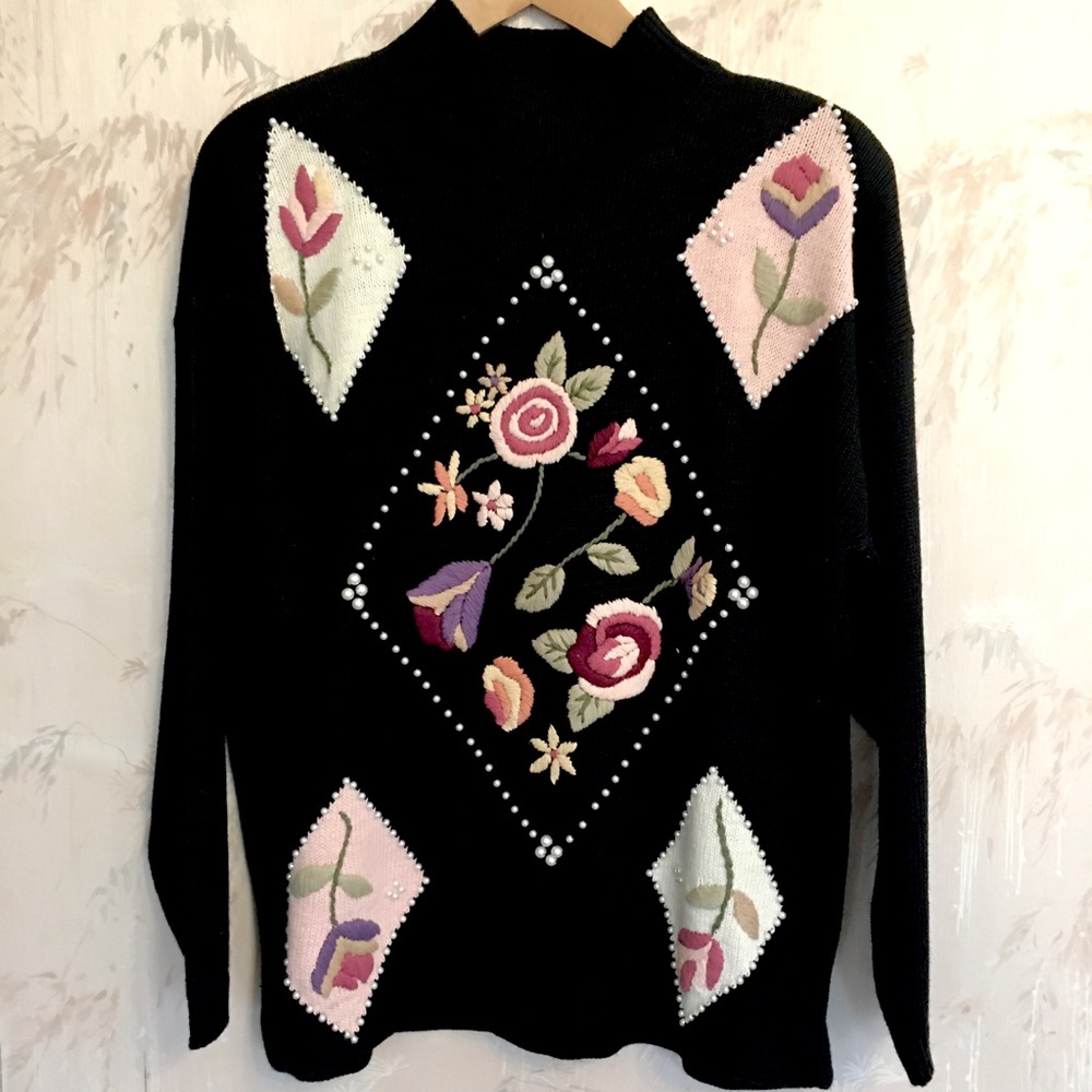 Vintage 80s Cristina Cottagecore Pearl Beaded Floral Mock Neck Sweater L